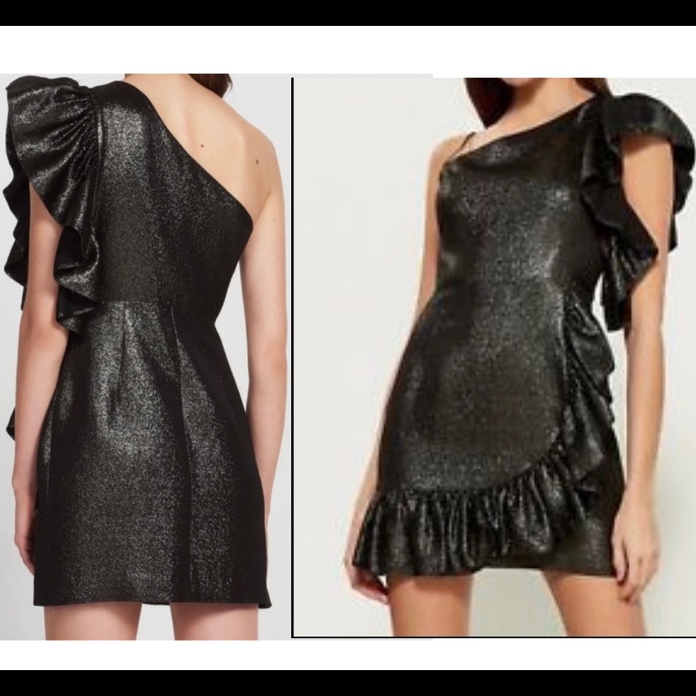 Sandro👗Metallic One Shoulder Ruffle Dress-Black 0
